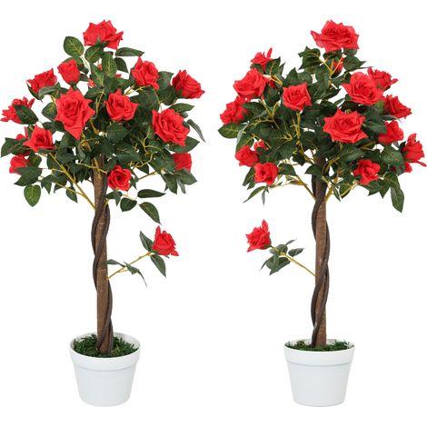 Set of 2 Artificial Plants White Rose Floral in Pot, Fake Plants  Home Indoor Decor, 90cm, Red (1/5)