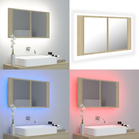 Armario espejo de baño LED acrílico roble Sonoma 80x12x45 cm - Espejo baño - Armario con luz led