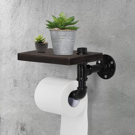 Porte-Papier hygiénique avec étagère, Porte-Papier hygiénique en Bois, Distributeur de Rouleau de Papier Mural (noir)