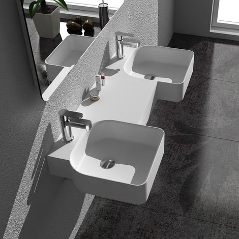 Distribain – Double plan vasque suspendue en solid surface blanc – Dimensions 1200 x 500 x 140 mm – Finition mate – Livré avec fixations murales - SDWD38190 (1/3)