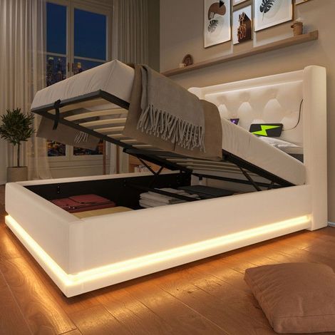 Lit coffre simple 90x200 cm - PU blanc - LED 3 couleurs - Tête de lit rembourrée - Rangement hydraulique (1/5)