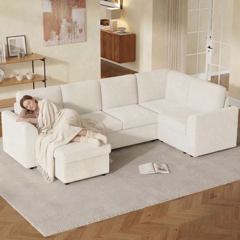 Seyakany Canapé modulable en U 6 places avec accoudoirs,canapé d'angle en L avec tabouret de rangement mobile,canapé convertible,velours côtelé(Beige)