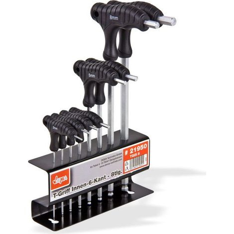 Clés 6 pans mâles poignées en T support métal outillage - 8 pièces
