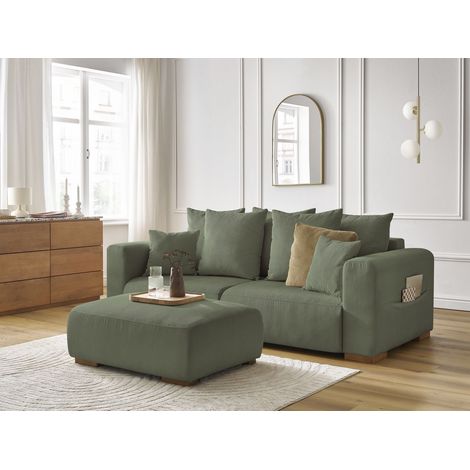 BOBOCHIC - Canapé droit fixe 3 places SIDONIE velours côtelé avec pouf Vert (1/5)