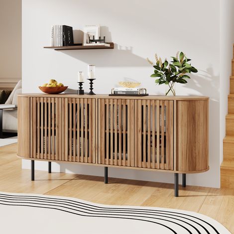 Aparador de MDF de 160x40x70cm con 4 puertas correderas perforadas, cómoda moderna con estantes ajustables y patas metálicas resistentes, mueble buffet para salón, recibidor o comedor, color madera na (1/5)