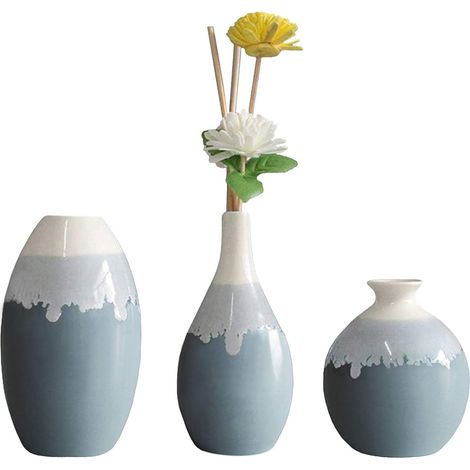 Vase Céramique - Ensemble De 3 Vases Décoratifs Bleus - Pour Intérieur Salon Cuisine Table Centre - 16 14 Et 10 Cm - Lot (1/5)