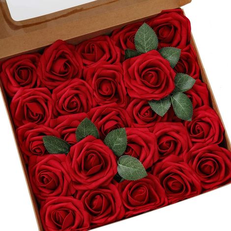 Rose artificiali in schiuma, bouquet di rose finte per decorazioni fai da te per feste, casa e matrimoni (25 pezzi, rosso vino)