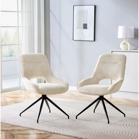 REDOM - Silla de comedor giratoria 360° de tela beige, reposabrazos ergonómicos, patas de metal negro (1/5)