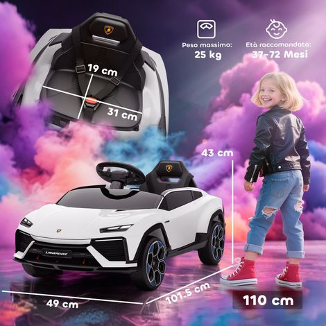 Voiture électrique Lamborghini sous licence officielle (pour enfants, avec klaxon et télécommande), 101,5 x 49 x 43 cm, blanche. (1/5)