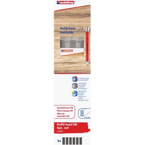 Edding - Set de 6 Mines de rechange HB E8891 pour crayon de charpentier - Mine HB 2 x 5 mm