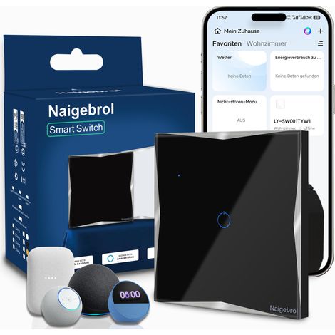 Interrupteur intelligent Wi-Fi à 1 voie encastré avec conducteur neutre, pas de commutation, contrôle par application, verre tactile, 2,4 GHz, sans hub, 10 A, 400 W (noir) (1/5)