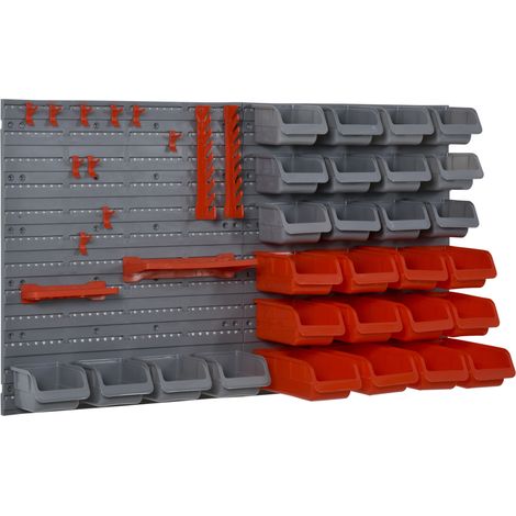 Porte-outils mural gris et rouge 95x54 cm avec 28 boîtes empilables et crochets, 44 pièces, rangement atelier design pratique pour bricolage et organisation