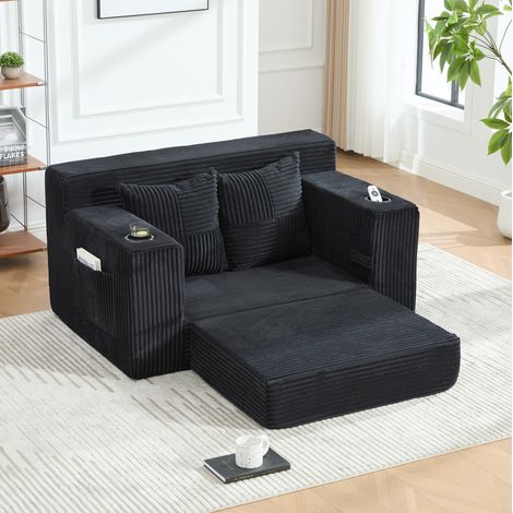 Sofá cama doble moderno de pana negra con 2 cojines y portavasos (1/5)