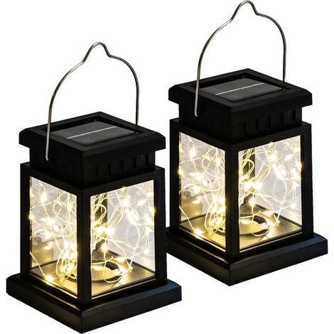 Juego de 2 luces solares colgantes para exteriores, decoración de jardín, farol de patio, luz blanca cálida.