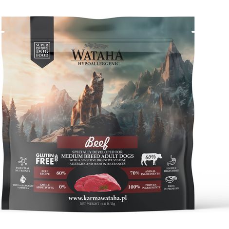 Wataha croquettes hypoallergéniques pour adultes de taille moyenne à grande, au bœuf et au riz, 2 kg (1/2)