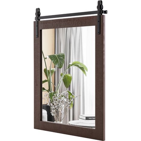 Specchio a parete farmhouse 76,5x56cm, Specchio a muro rettangolare con cornice in legno staffa in metallo Noce (1/4)