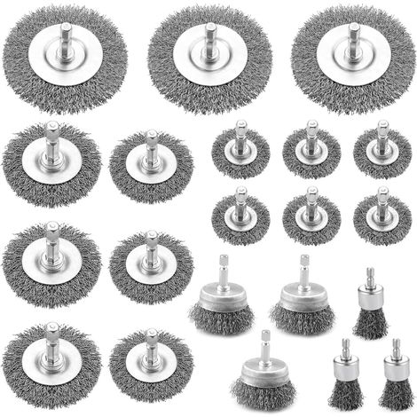 Lot de 21 brosses métalliques pour perceuse - 6 mm - Brosse métallique - Pour visseuse sans fil - Avec tige hexagonale - Pour polir, ébavurer et nettoyer la rouille (1/5)