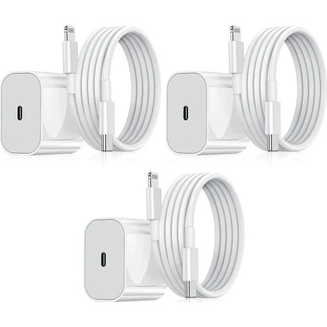 【YD】Kit de trois pièces pour iPhone (NT) : chargeur rapide, adaptateur et câble de 2 mètres (20 W Lightning blanc). (1/5)