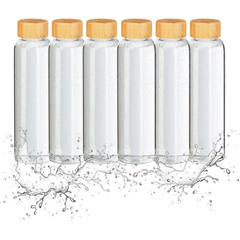 Relaxdays Glass Water Bottle Set of 6, with Fabric Holder, 500 ml, Dishwasher-Safe, Water-Resistant, Transparent/Black