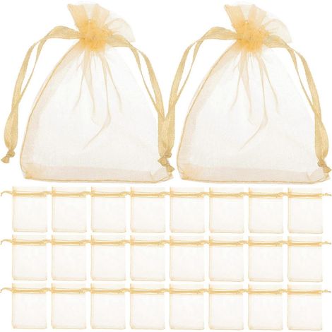 100 sachets cadeaux en organza à cordon, en forme de cœur, pour bijoux ou cadeaux de mariage-9x7cm-Golden (1/3)