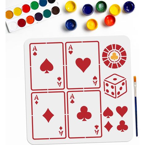 Pochoir de Cartes à Jouer Dés Pochoirs de Dessin de Cœurs Trèfles Diamants Piques 30 × 30cm avec Pinceau Pochoirs Réutilisables pour Bricolage Art Artisanat Mur Bois Verre (1/5)