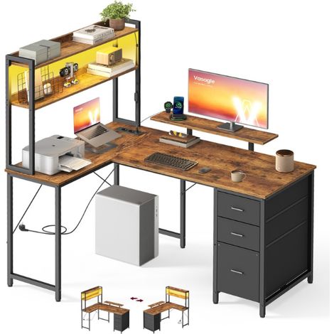 Bureau d'angle moderne avec 3 tiroirs pratique 140 x 100 x 150 cm en panneaux de particules marron (1/2)