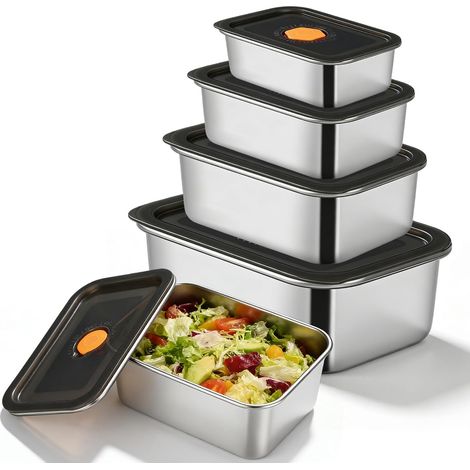 4 Pièces Bac Inox Alimentaire, Boîtes De Conservation Alimentaire, Boîtes De Rangement Hermétiques, Étanches Avec Couvercles, Bac Inox Pour La Cuisine Et Le Garde-Manger, 1l+2l+3l+4.3l (1/5)