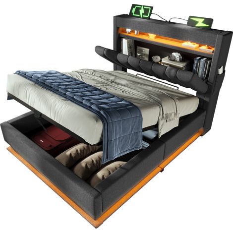 Lit capitonné simple 90x200, tête coffre USB Type-C, LED tête et pied, coffre hydraulique, gris, lin, matelas inclus, gain de place, pour chambre adulte (1/5)