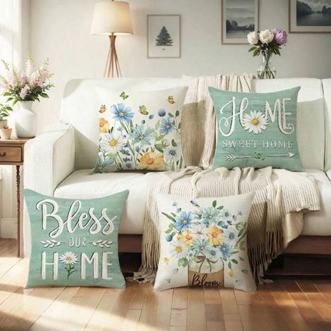 Taie D Oreiller - Lin 45x45 Cm - Motif Marguerites - Pour Salon Canape Chambre - Lot De 4 (1/5)