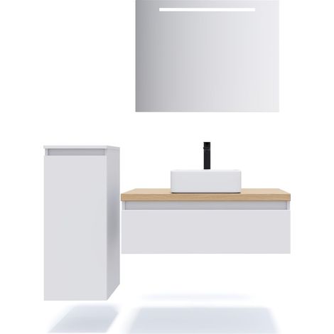 Meuble de salle de bain suspendu vasque à poser 90cm 1 tiroir Blanc + miroir + colonne ouverture gauche - Hudson (1/5)