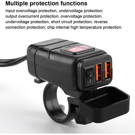 Chargeur de téléphone étanche pour moto QC3.0 avec interrupteur marche/arrêt et voltmètre, double port USB intelligent à charge rapide pour véhicule, double port USB carré à charge ultra-rapide + volt (1/5)