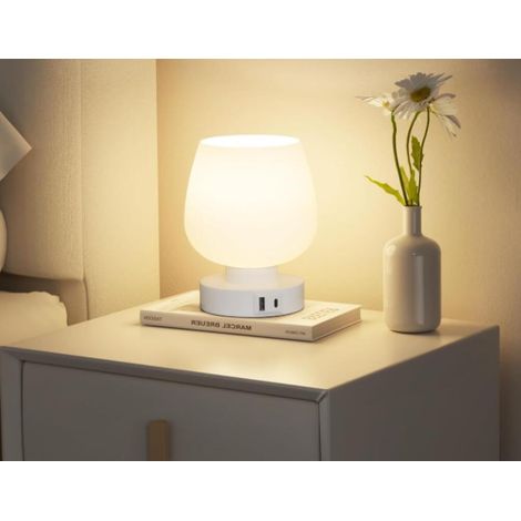 Lampe de Chevet Tactile Ports de Charge USB A+C, Intensité Variable 3 Voies, Abat jour en Verre Blanc, Petite Lampe de Table à Cordon pour Chambre Salon D'enfant