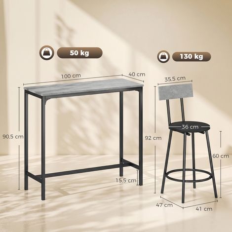 Table haute de bar grise avec 2 tabourets assortis, assises rembourrées et repose-pieds, parfaite pour espaces compacts, ensemble complet. (1/5)
