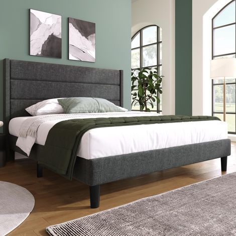 Lit rembourré 140x200cm, cadre de lit avec sommier à lattes et tête de lit, lit double rembourré, revêtement en lin gris foncé, design moderne intemporel, lit enfant, garantie 2 ans