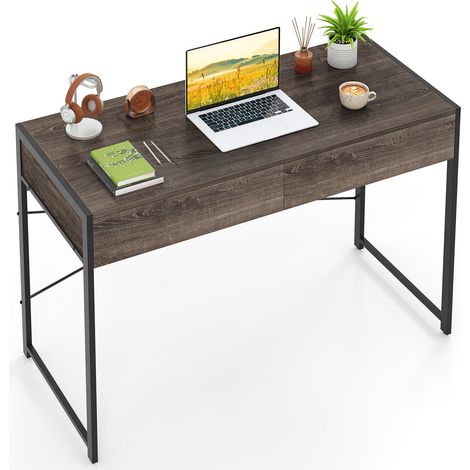 COSTWAY Computer Desk Compact Writing Desk with 2 Drawers-Gray (1/5)