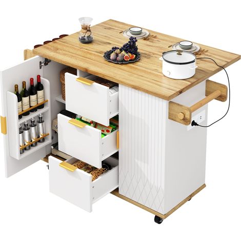 Îlot central Cuisine Mobile- Desserte cuisine avec plan de travail rabattable- 3 tiroirs & 2 armoires & 2 prises/USB - Charge 70 kg (1/5)