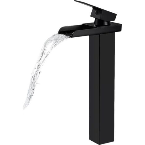 Robinet Salle Bain Cascade Noir Mat, Mitigeur Lavabo Cascade Haut, Robinet Lavabo avec bec Hauteur, Robinetterie Vasque à Poser Carré en Laiton, Eau Froide & Chaude Disponible (1/5)
