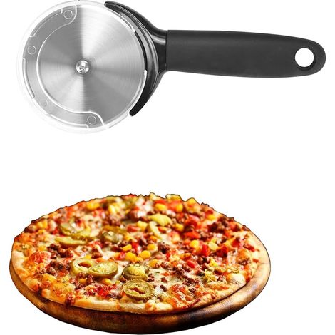 Roulette à Pizza,Pizza Cutter avec Poignée en Silicone Antidérapant - Lame Circulaire en Acier Inoxydable - Couvercle de Protection pour Découpe Pizza,Tarte,Pâte,Gâteau,Gaufres et Crêpes,Noir (1/5)