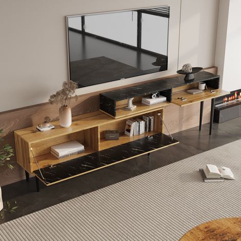 URBAN MEUBLE Meuble TV moderne extensible effet marbre noir et bois PVC pieds en acier noir (1/5)