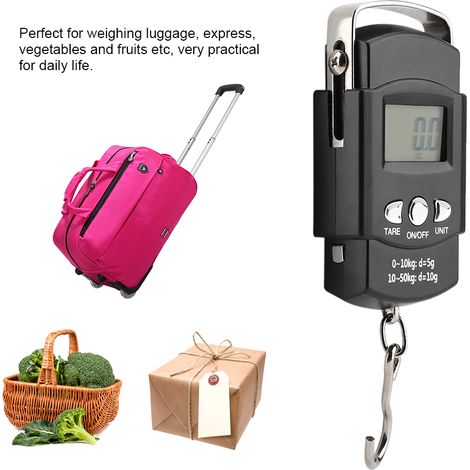 Tragbare digitale elektronische Waage 50 kg/10 g mit Maßband und Haken, LCD-Bildschirm, digitale Reisewaage (1/5)