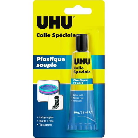 Colle spéciale plastique souple – transparente – adhérence exceptionnelle – résiste aux UV et à l'eau – tube 30g – UHU