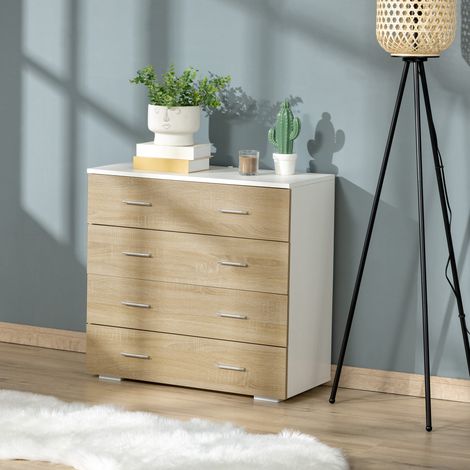 Kommode mit 4 Schubladen, modernes Sideboard für Schlafzimmer, Flur, Wohnzimmer, 76 x 35 x 72 cm, Eiche und Weiß