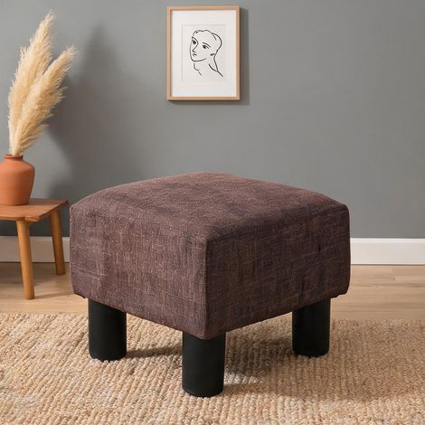 Pouf rectangulaire en lin et bois massif marron 40 x 30 x 24 cm (1/5)