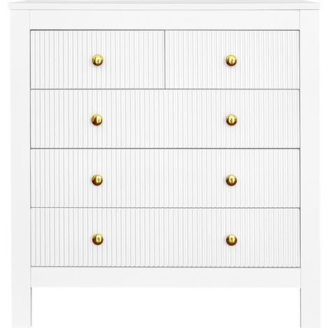 Commode blanche 5 tiroirs avec poignées dorées et pieds renforcés, rangement polyvalent (1/5)