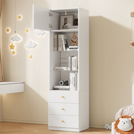 Vitrina 50x40x180 cm blanca en MDF y vidrio con baldas de vidrio ajustables y 3 cajones (1/5)
