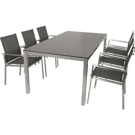 SYDNEY: Garnitur 7-teilig (6x Stapelsessel mit Armlehnen, 1x Gartentisch 100x200cm rechteckig), Gestell Edelstahl poliert,  Bezug Kunstgewebe grau mit Polsterung, Tischplatte Glas in Keramikoptik grau