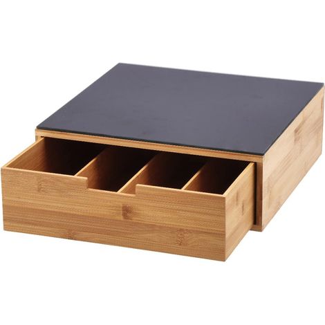 Cassetto Portacialde Portacapsule in Bamboo Ripiano in Vetro Nero 32 x 30 x 11 cm (1/2)