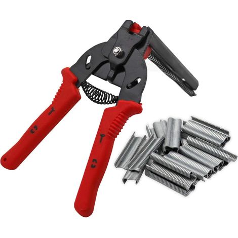 Wire Mesh Pliers with 600 Staples, Automatic Stapler Fence Clamp Ring Clamps for Gabion Cages, Red (1/5)