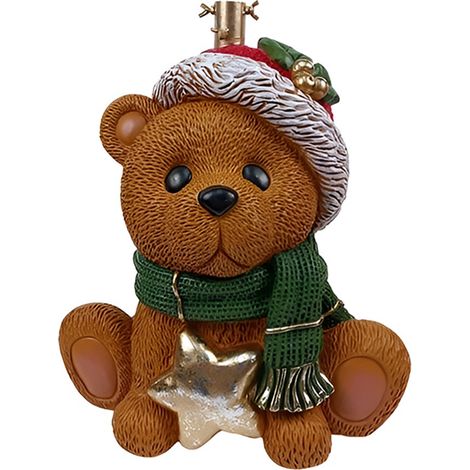 Base per Albero di Natale orso seduto cappello rosso sciarpa verde e stella oro supporto piede decorazioni natalizie bambini felici (1/4)