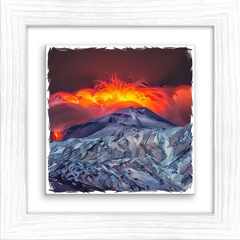 Lupia - Quadro moderno con paesaggi e localismi italiani, Ceramica e Stampa Rilievo, Cornice Legno Shabby Modern bianca, Decorazione Parete, Quadretti Soggiorno, 29x29 cm, CATANIA ETNA INNEVATA (1/4)
